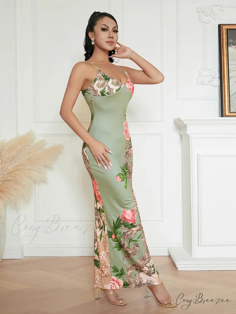 Sophisticated Floral Spaghetti Strap Backless Dress floraldress-250126