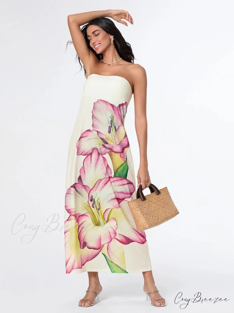Sophisticated Floral Strapless Relaxed Dress floraldress-250126
