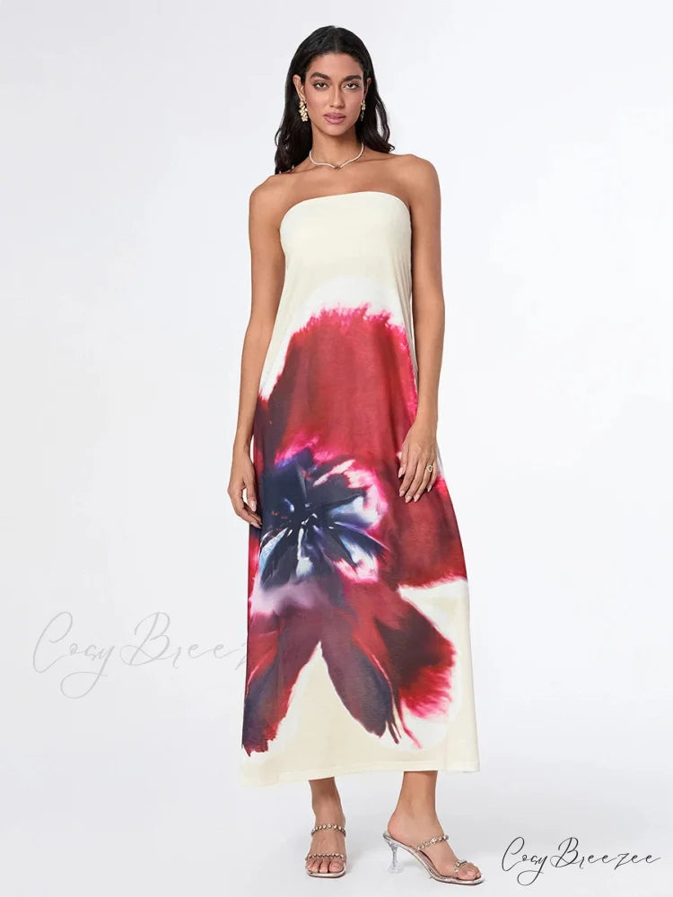 Sophisticated Floral Strapless Relaxed Dress WHITE1 / S floraldress-250126