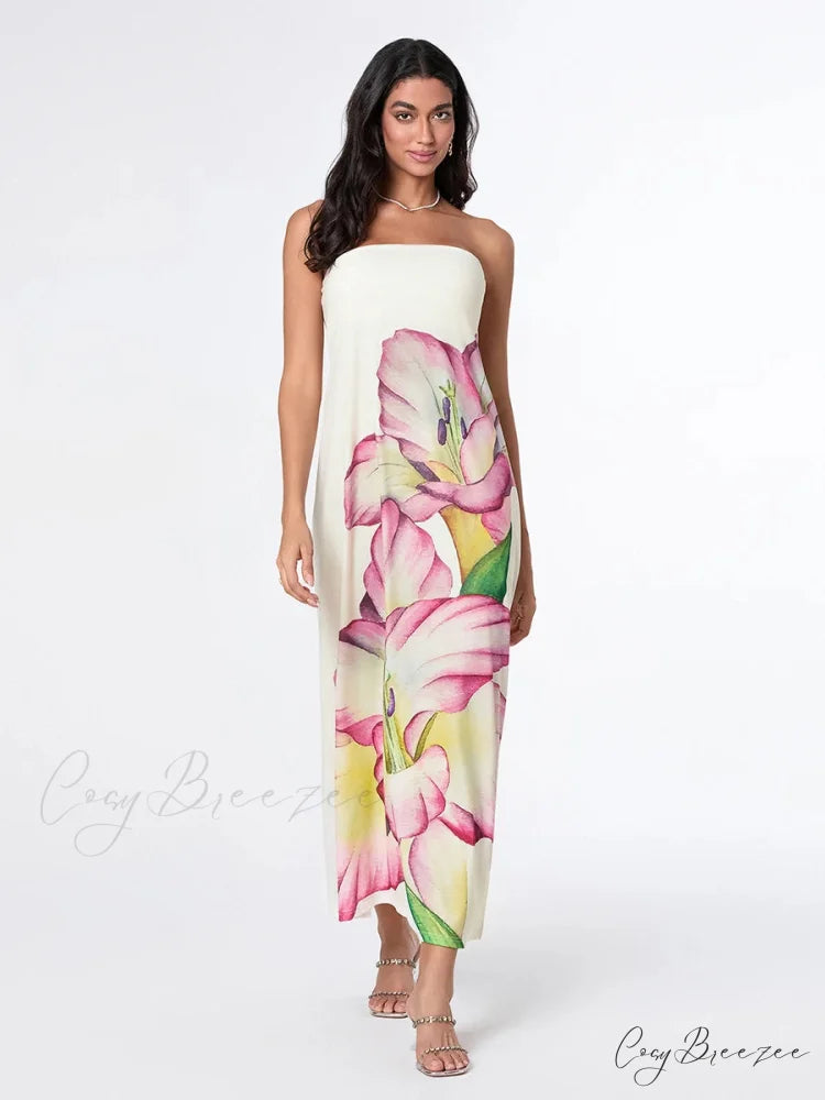 Sophisticated Floral Strapless Relaxed Dress WHITE2 / S floraldress-250126