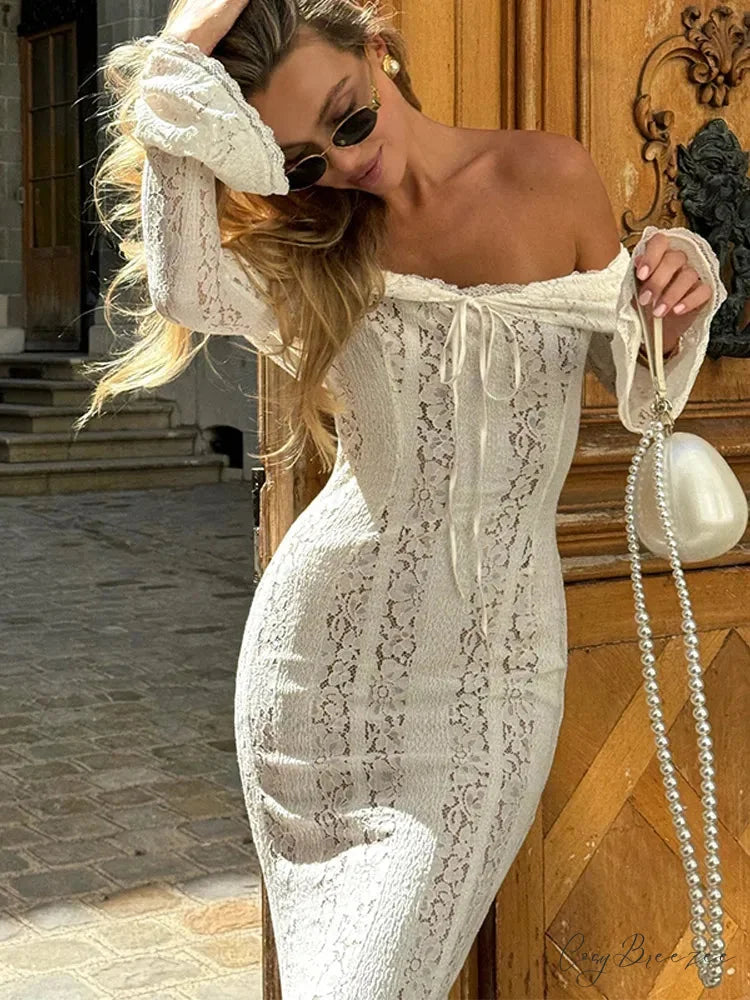 Sophisticated Lace Mesh Sheer Floral Bodycon Hollow Dress White 2 / S floraldress-250126