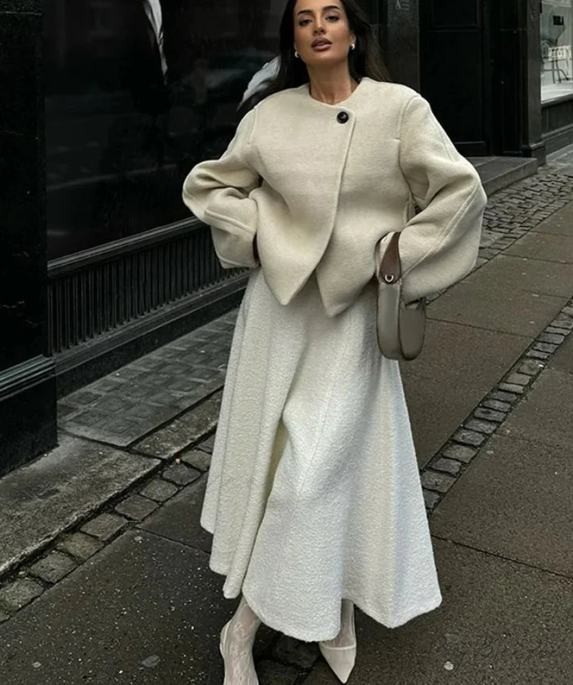 Sophisticated Solid Wool One-Button Coat overcoats-241228