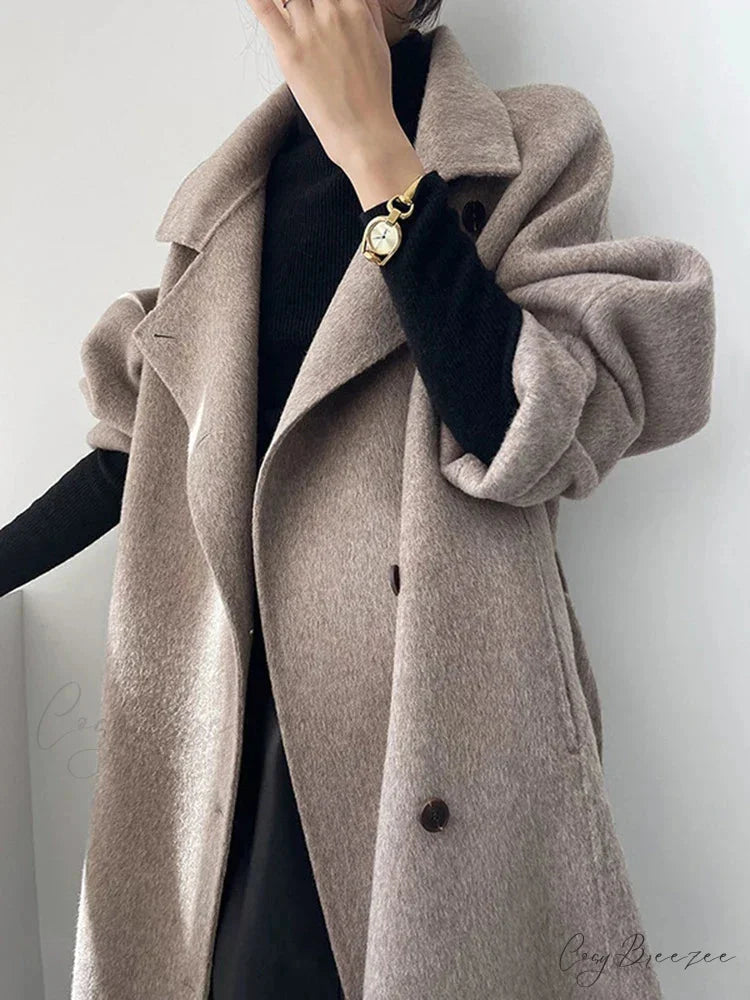 Sophisticated Turtleneck Wool Cashmere Coat Oatmeal / S overcoats-241228