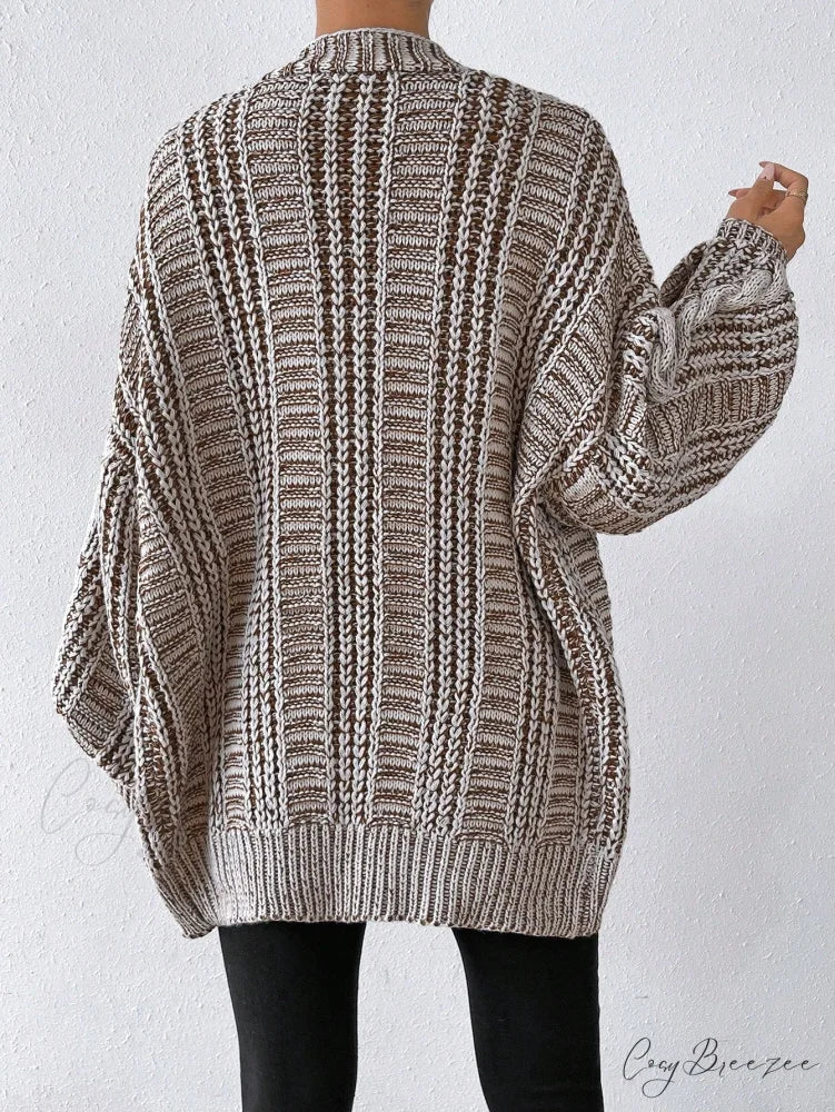 Space Dye Drop Shoulder Cable Knit Lantern Sleeve Cardigan