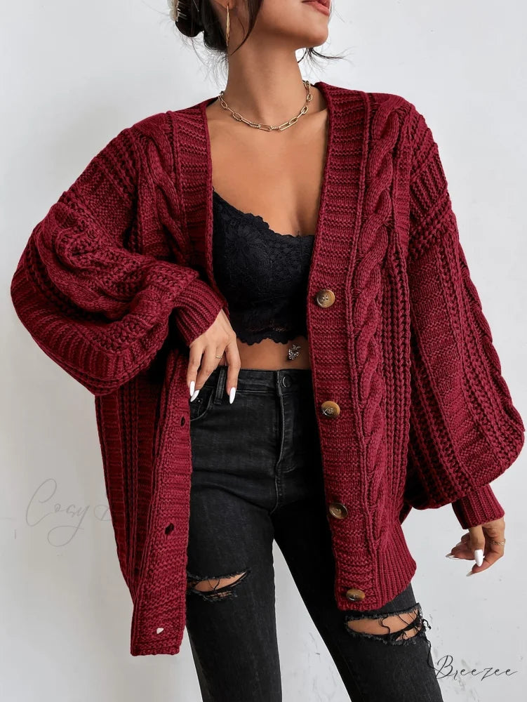 Space Dye Drop Shoulder Cable Knit Lantern Sleeve Cardigan Burgundy / XS