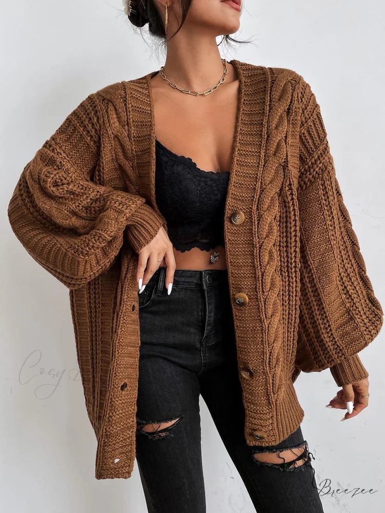 Space Dye Drop Shoulder Cable Knit Lantern Sleeve Cardigan Coffee Brown / XS