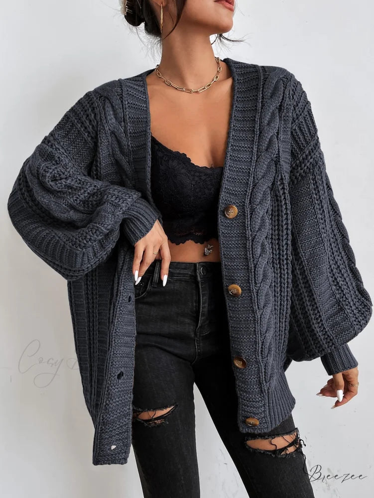 Space Dye Drop Shoulder Cable Knit Lantern Sleeve Cardigan Dark Grey / XS