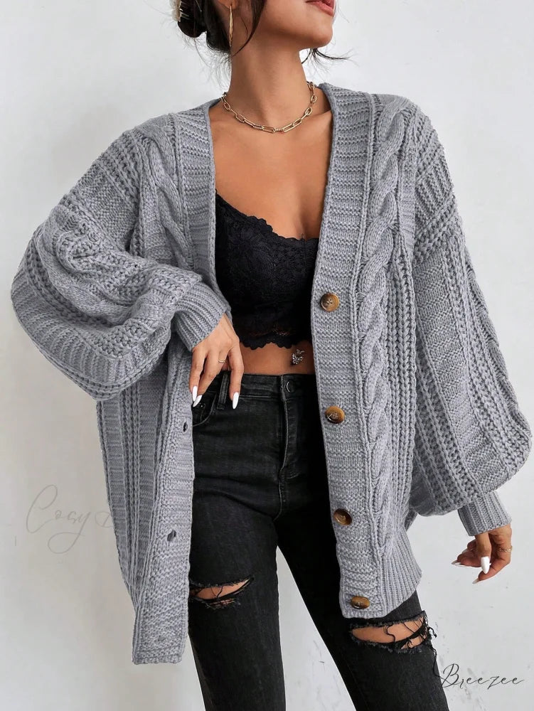 Space Dye Drop Shoulder Cable Knit Lantern Sleeve Cardigan Grey / XS
