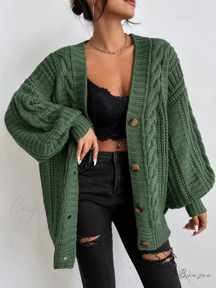Space Dye Drop Shoulder Cable Knit Lantern Sleeve Cardigan Olive Green / XS