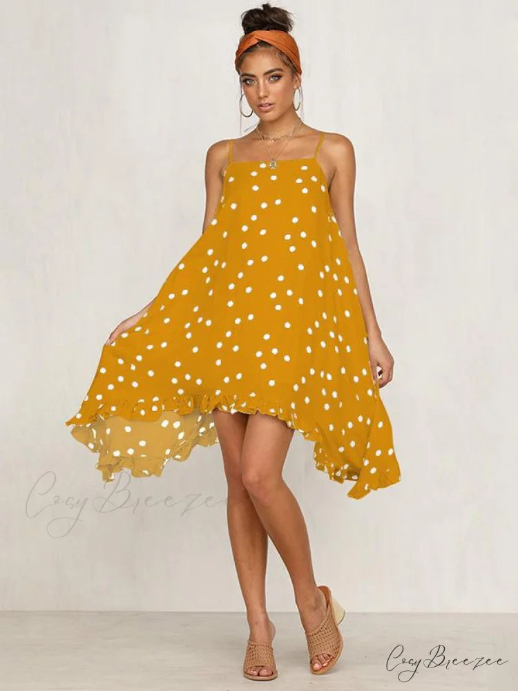 Spaghetti-Neck Gown Dot Bohemia Chiffon Mini in Warm-Season Style S / YELLOW
