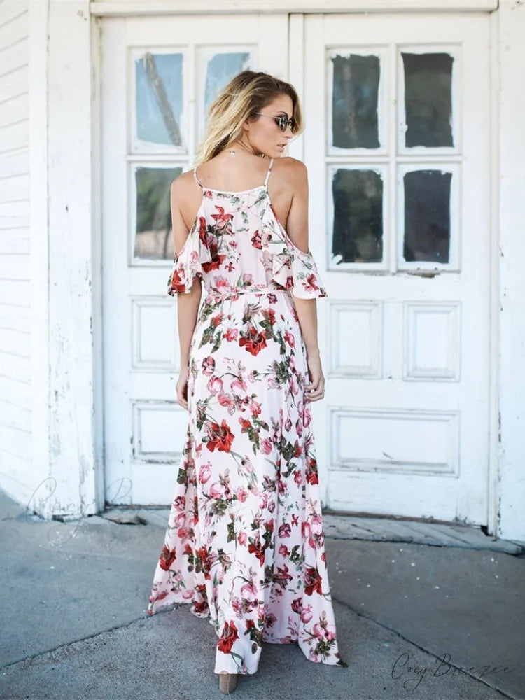 Spaghetti-Neck V-Neck Maxi Dress with Print M / White