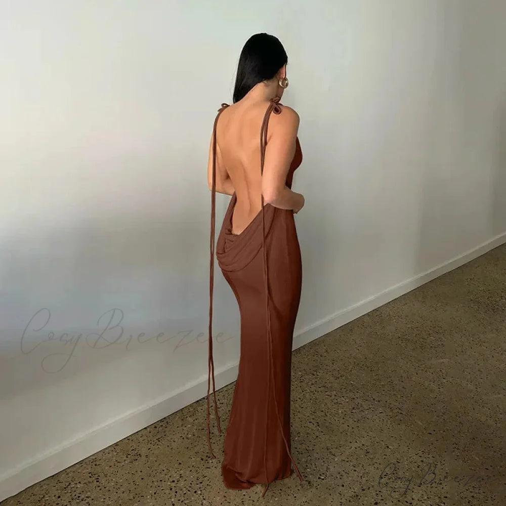 Spaghetti Strap Backless Bandage Maxi Dress Brown / S