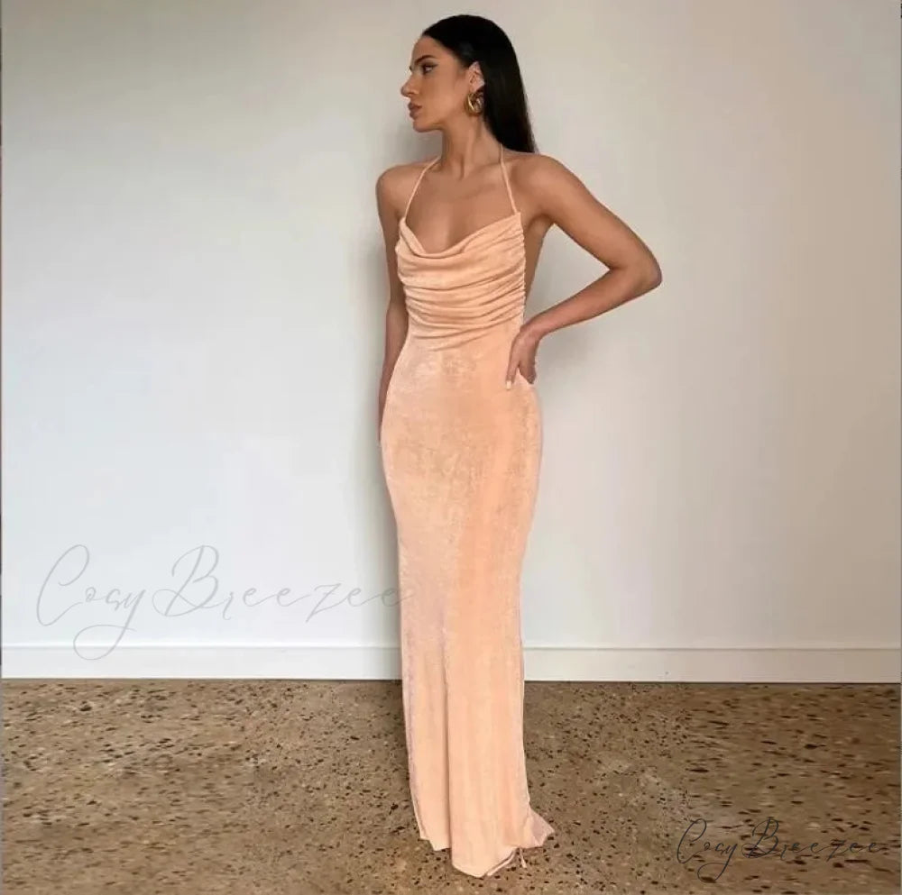 Spaghetti Strap Backless Bandage Maxi Dress Coral Red / S