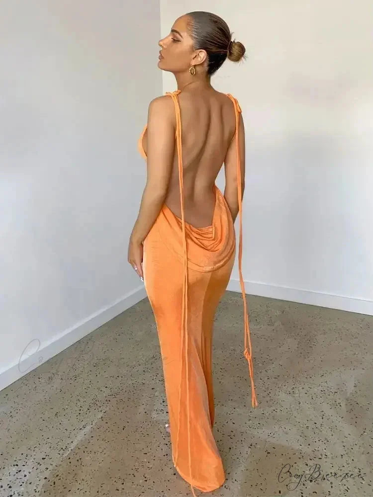 Spaghetti Strap Backless Bandage Maxi Dress Orange / S