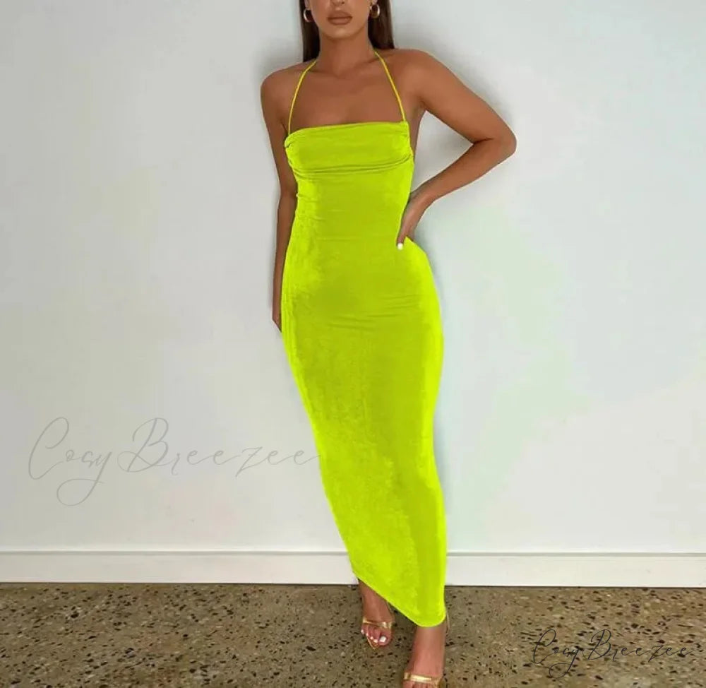 Spaghetti Strap Backless Bandage Maxi Dress Yellow / S