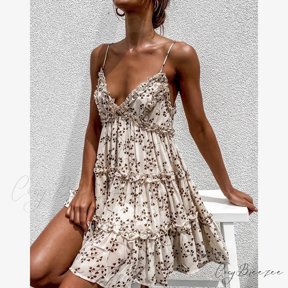 Spaghetti Strap Floral Lace Trim Sundress Flared Ruffled Prairie Dress floraldress-250126