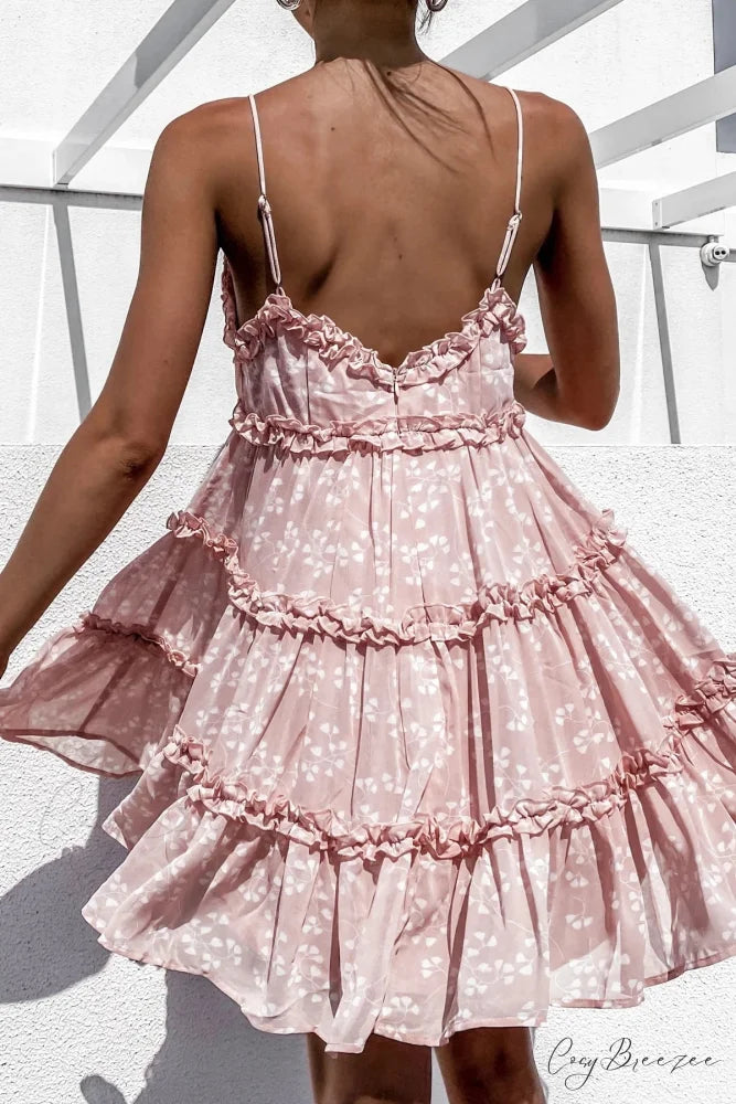 Spaghetti Strap Floral Lace Trim Sundress Flared Ruffled Prairie Dress floraldress-250126