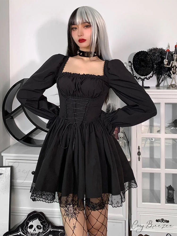 Spaghetti Strap Lace Satin Slip Sexy Party Mini Harajuku Vintage Square Collar Puff Sleeve Dress