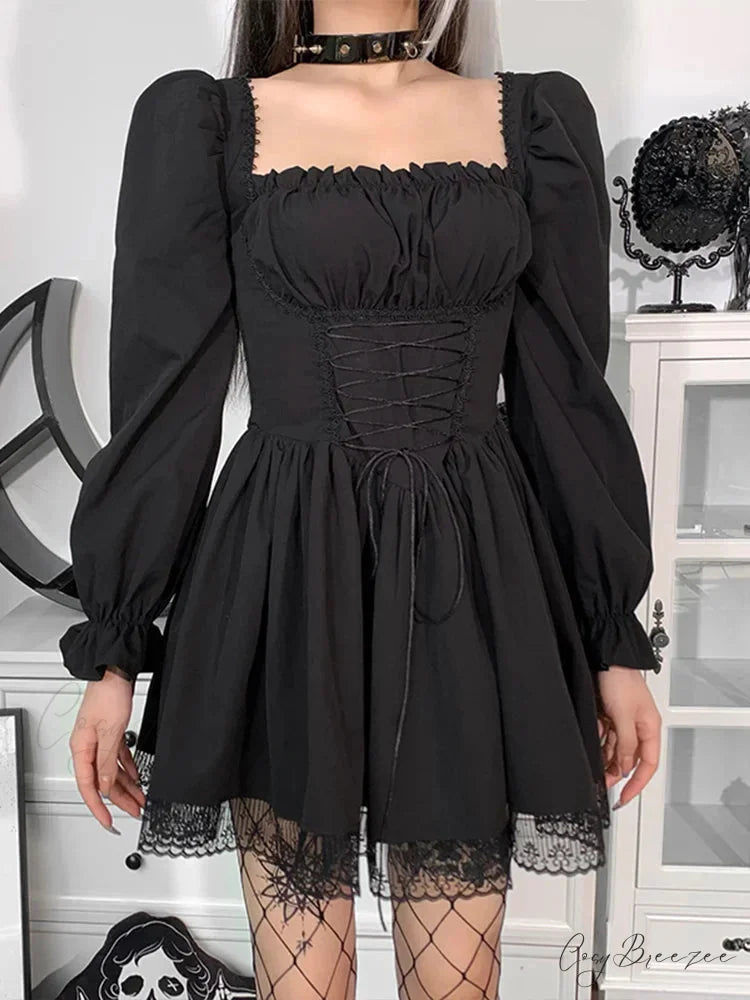 Spaghetti Strap Lace Satin Slip Sexy Party Mini Harajuku Vintage Square Collar Puff Sleeve Dress Black / S