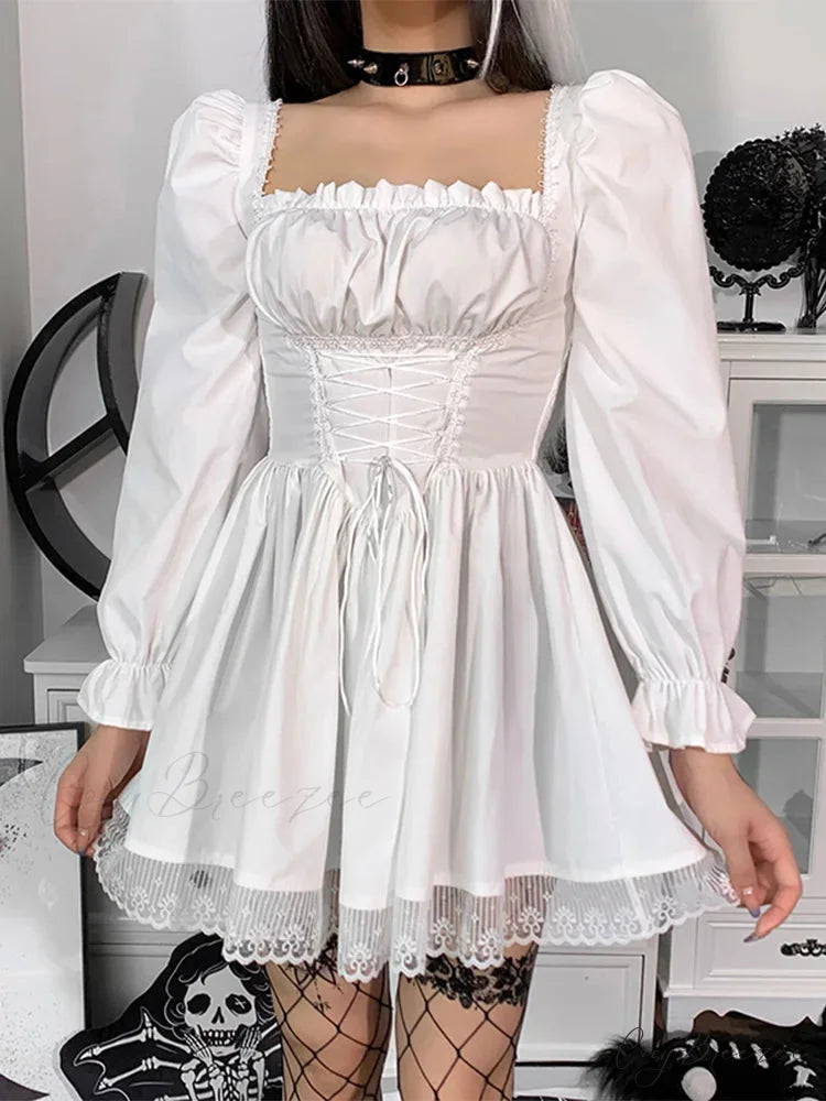 Spaghetti Strap Lace Satin Slip Sexy Party Mini Harajuku Vintage Square Collar Puff Sleeve Dress White / S
