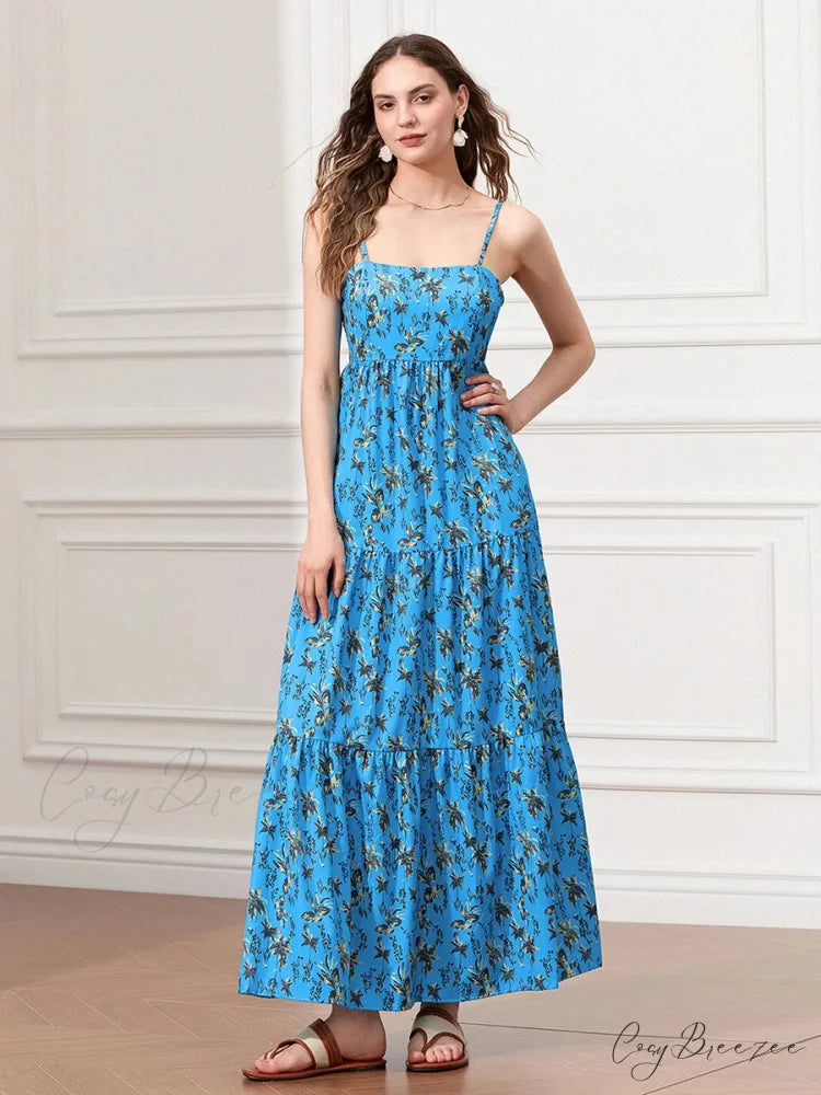 Spaghetti Strap Ruched Backless A-Line Beach Vacation Dress Blue / S floraldress-250126