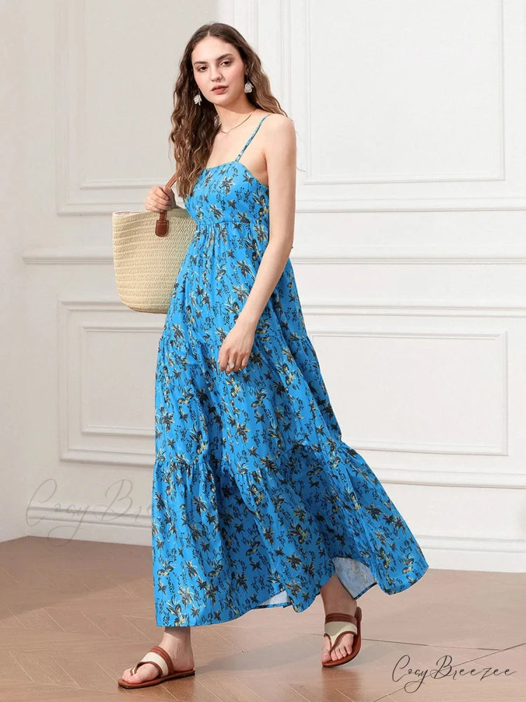 Spaghetti Strap Ruched Backless A-Line Beach Vacation Dress floraldress-250126