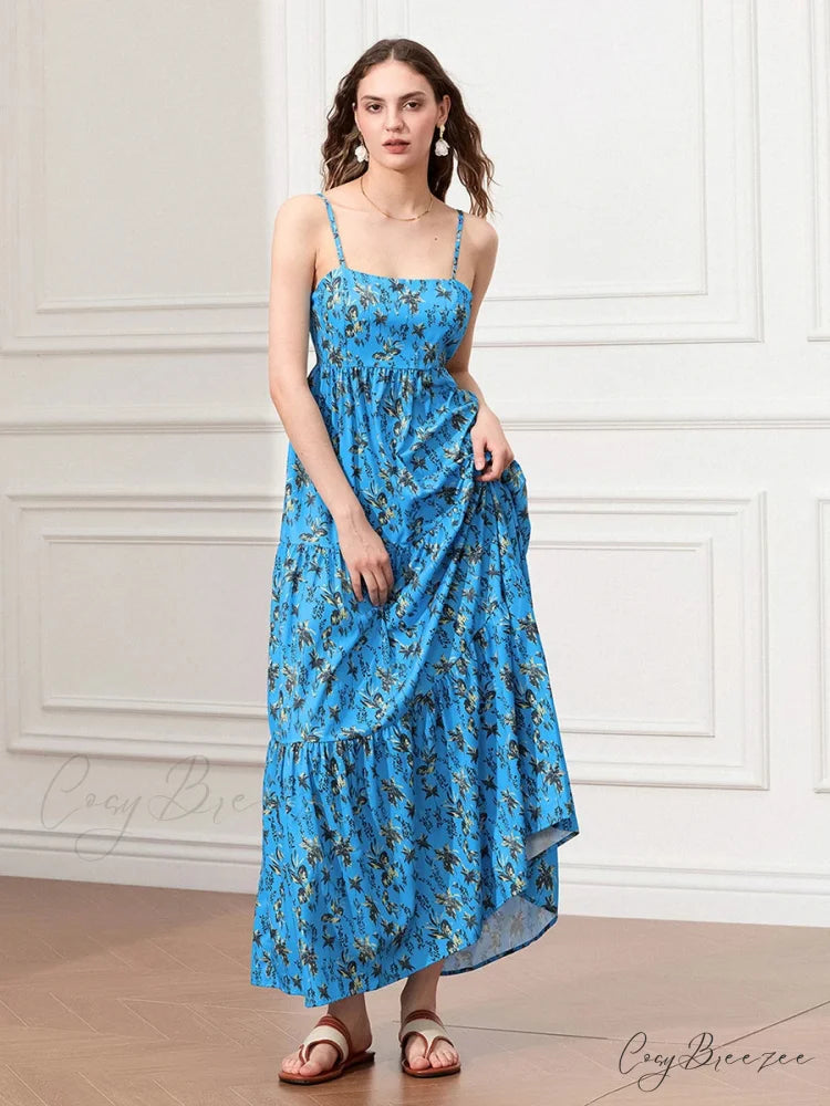 Spaghetti Strap Ruched Backless A-Line Beach Vacation Dress floraldress-250126