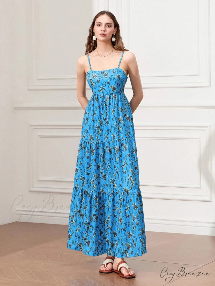 Spaghetti Strap Ruched Backless A-Line Beach Vacation Dress floraldress-250126