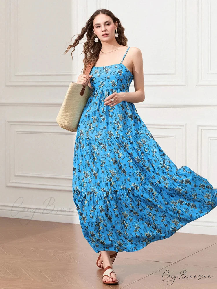 Spaghetti Strap Ruched Backless A-Line Beach Vacation Dress floraldress-250126