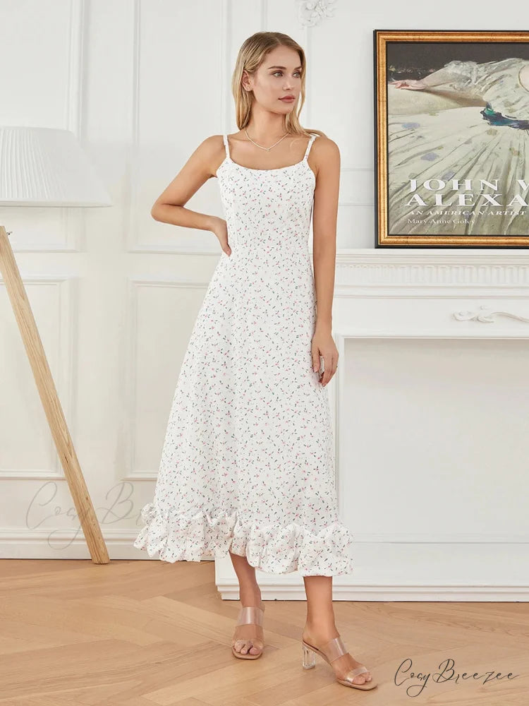 Spaghetti Strap Ruffled Long Sweet Sling Bubble Hem A-line Dress floraldress-250126