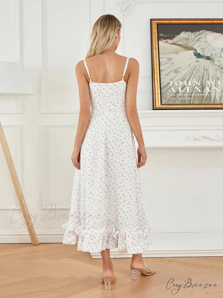 Spaghetti Strap Ruffled Long Sweet Sling Bubble Hem A-line Dress floraldress-250126