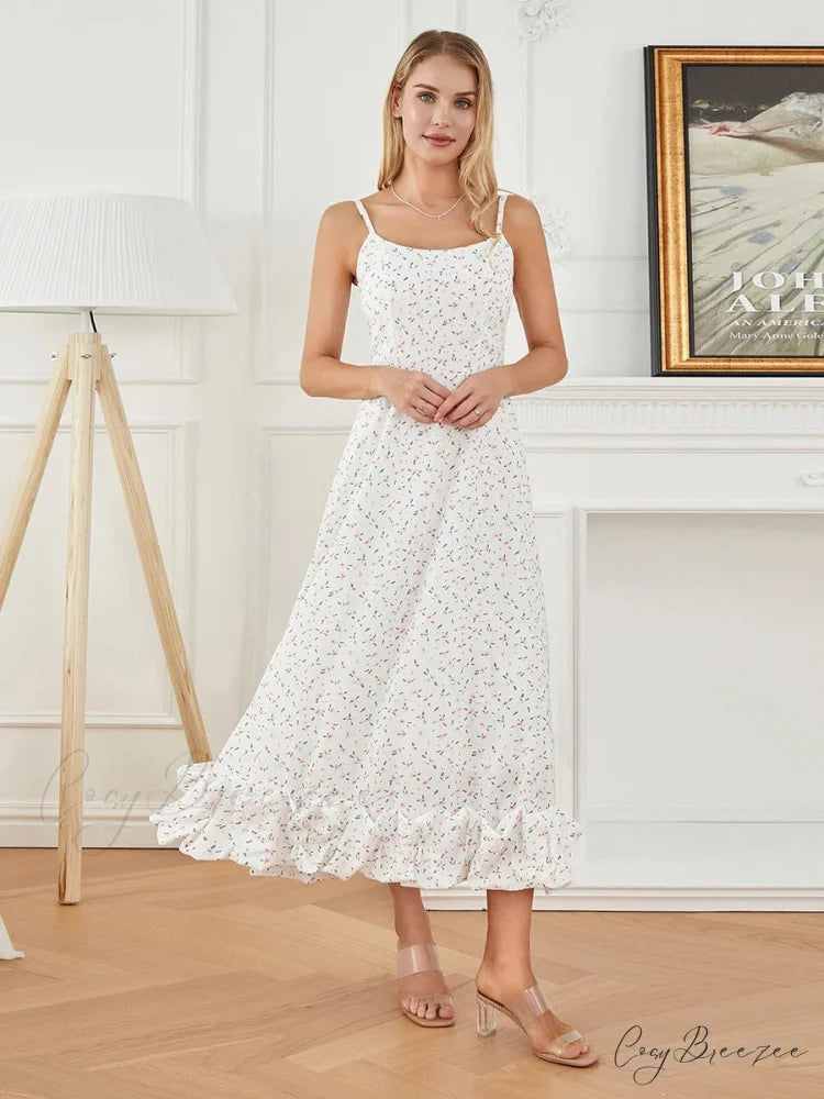 Spaghetti Strap Ruffled Long Sweet Sling Bubble Hem A-line Dress floraldress-250126