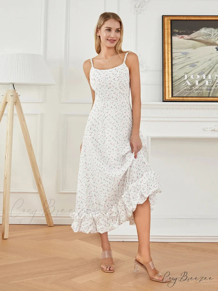 Spaghetti Strap Ruffled Long Sweet Sling Bubble Hem A-line Dress floraldress-250126