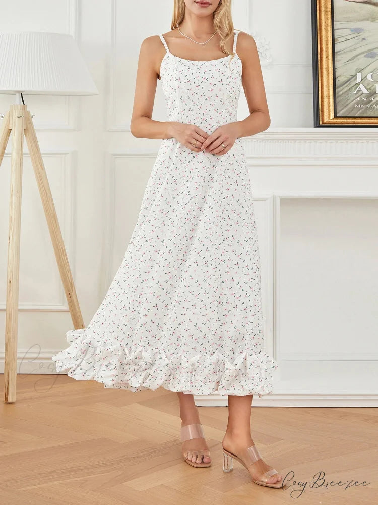 Spaghetti Strap Ruffled Long Sweet Sling Bubble Hem A-line Dress WHITE / S floraldress-250126