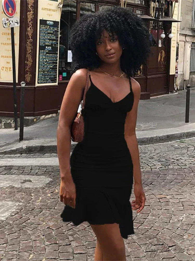 Spaghetti Straps Ruffles Mini Club Party Sleeveless Slip Summer Sun Midi Dress Black / S