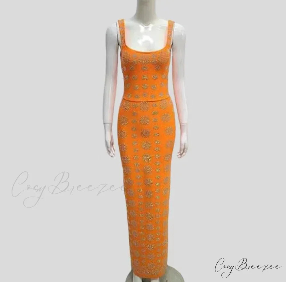 Sparkling Diamonds Ankle-Length Party Dress Orange / XS