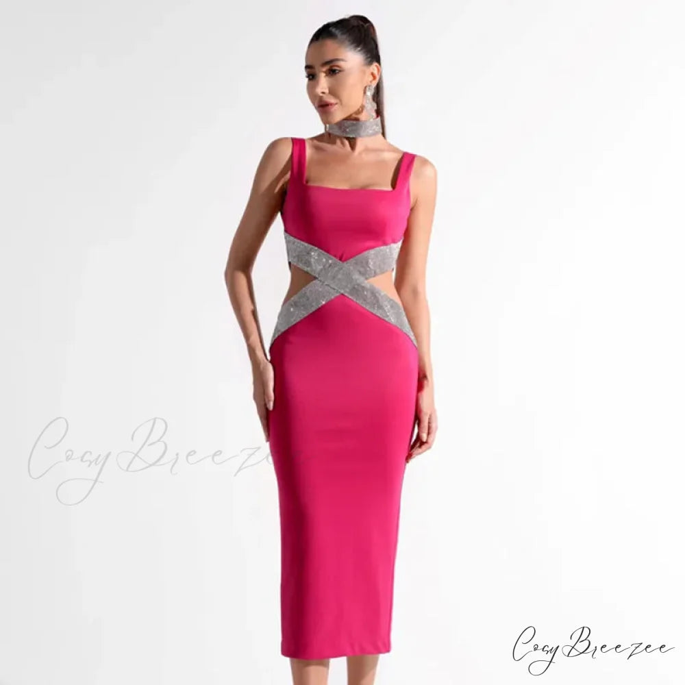 Sparkling Diamonds Midi Party Dress Rose Red / S
