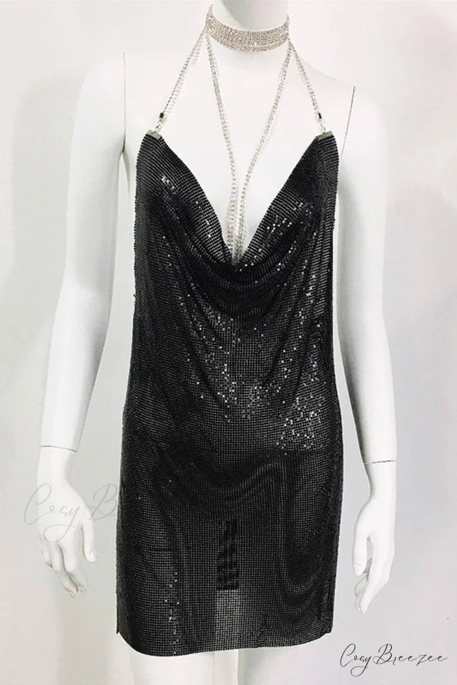 Sparkling Rhinestone Cami Dress Black / A-Rhinestone Halter / S