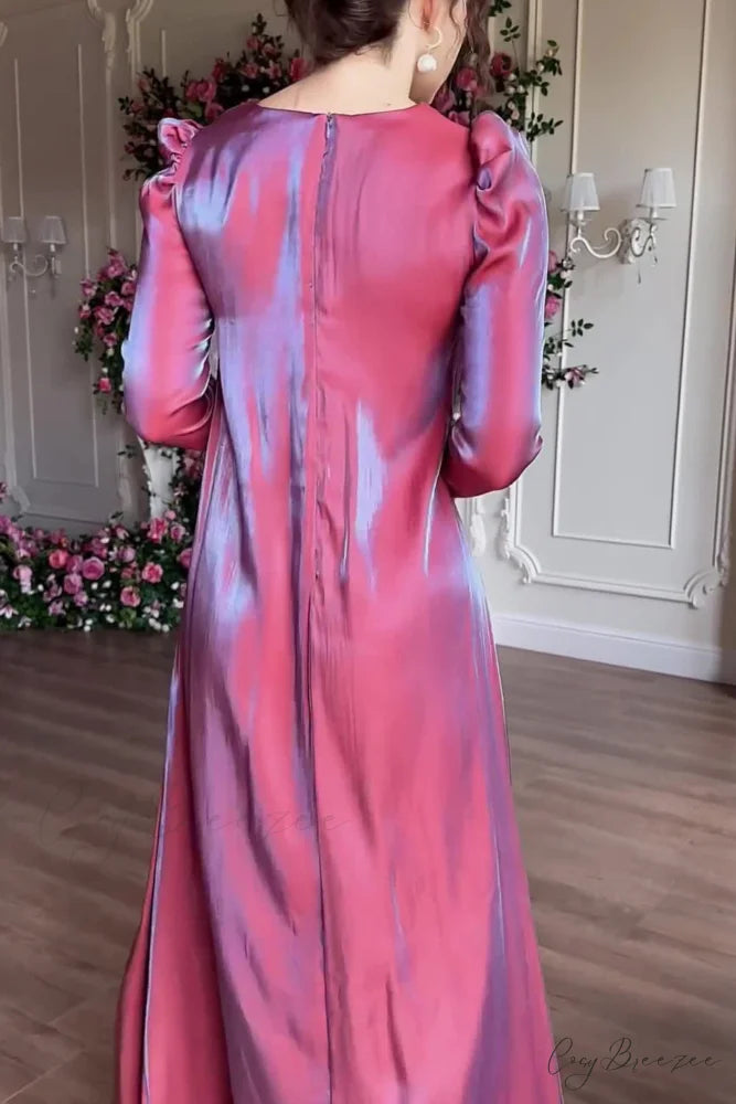 Sparkling Satin Puff Sleeve Midi Dress with Glitter Finish Purple Red / 2XL