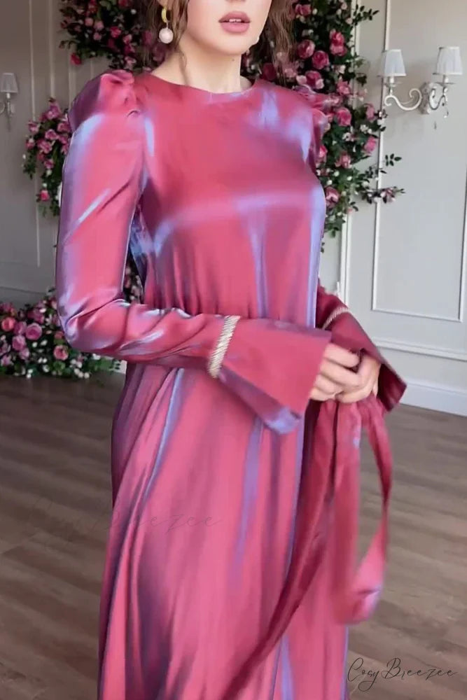 Sparkling Satin Puff Sleeve Midi Dress with Glitter Finish Purple Red / L