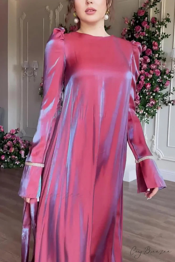 Sparkling Satin Puff Sleeve Midi Dress with Glitter Finish Purple Red / XL