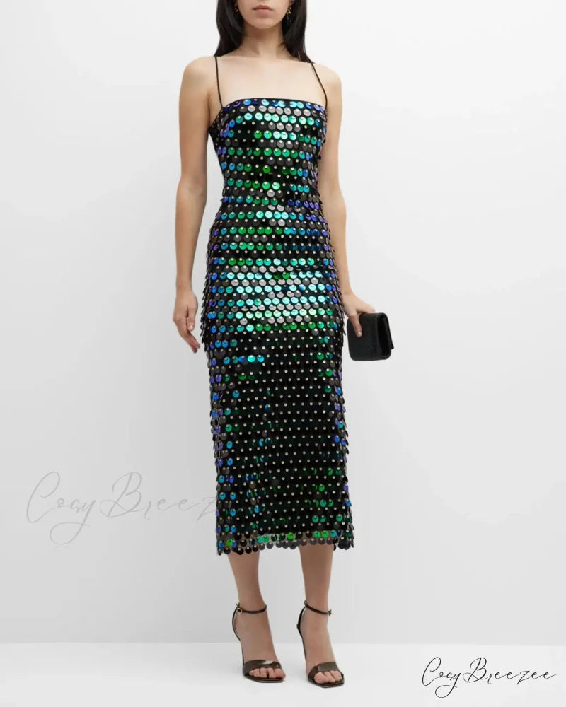 Sparkling Sexy Slim Sequin Dress Spaghetti Strap Sleeveless Sling Christmas Party Dress Green / S