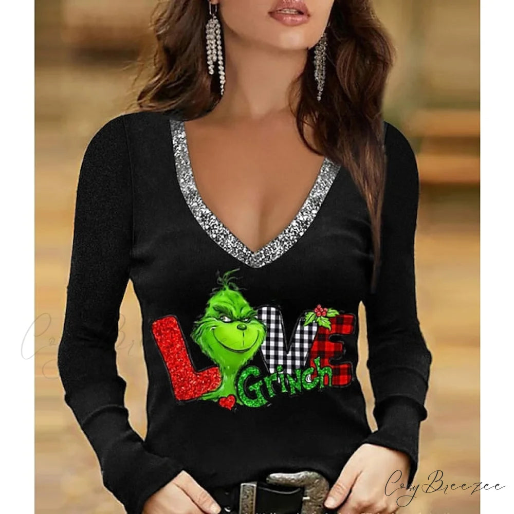 Sparkly 3D Painting shirt Green Wine / Christmas Regular T Weekend Design V Fuchsia Tee Women’s Neck Long S Tree Arm
