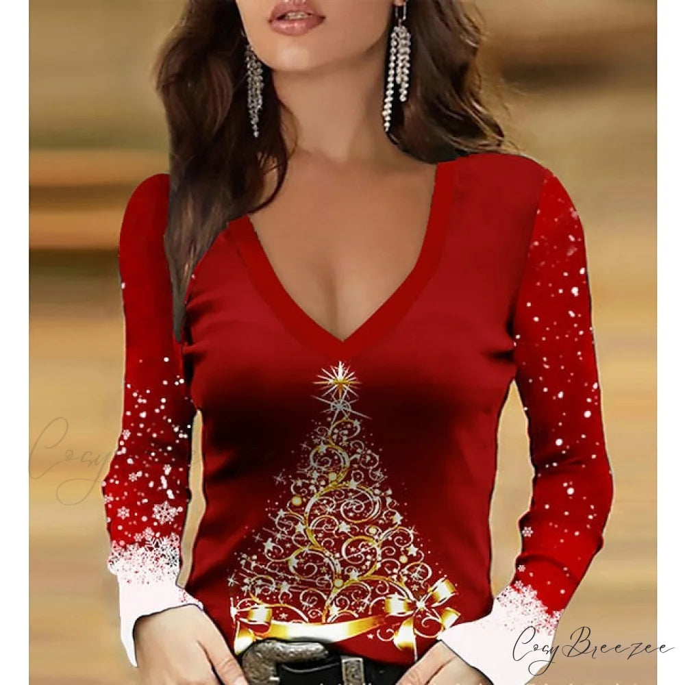 Sparkly 3D Painting shirt Green Wine / Christmas Regular T Weekend Design V Fuchsia Tee Women’s Neck Long S Tree Arm