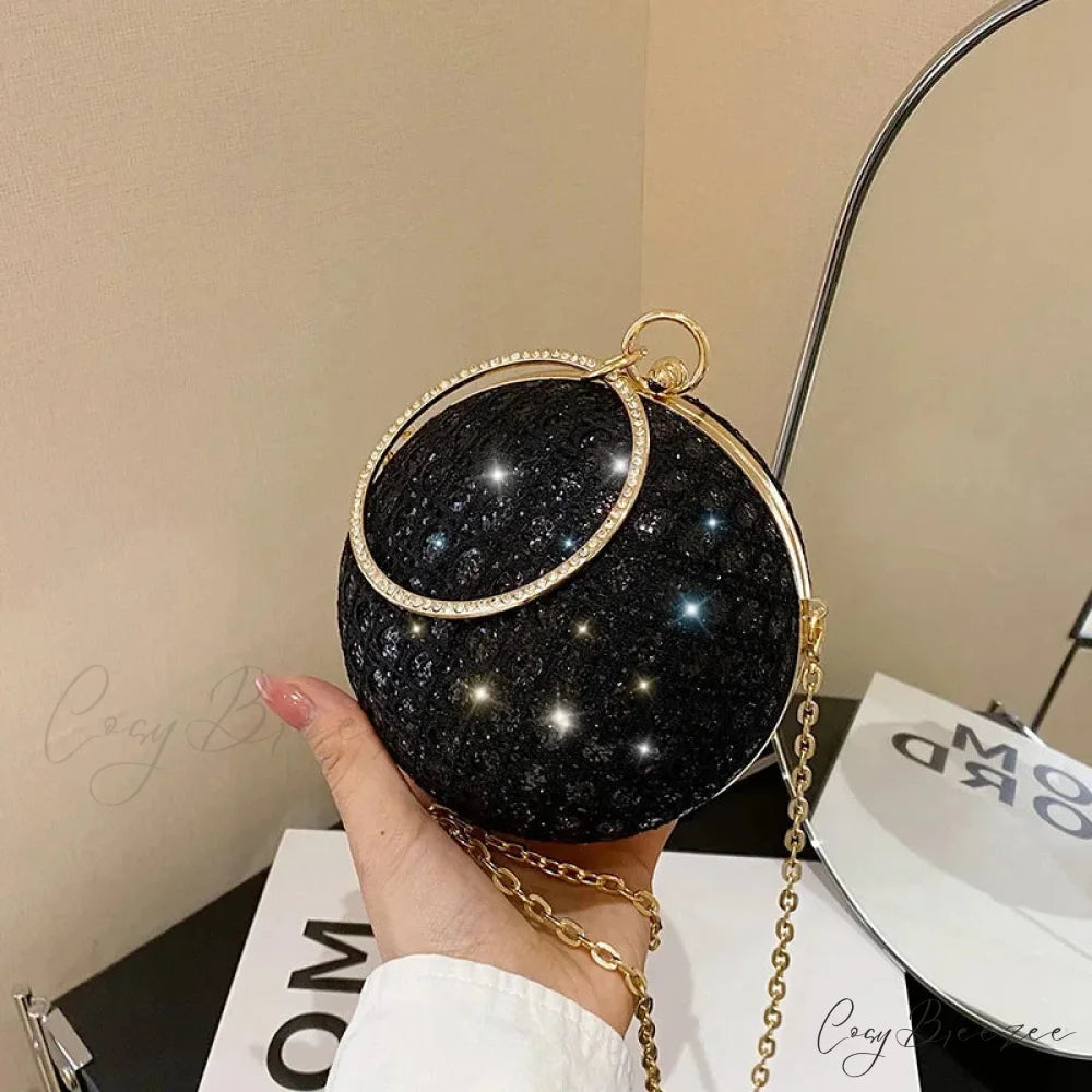 Sparkly Round Shiny Diamond Evening Clutch Bag Black clutchbag-250126