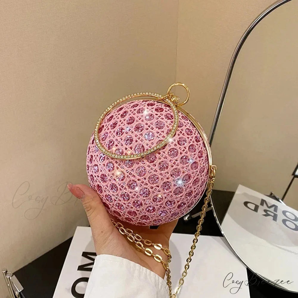 Sparkly Round Shiny Diamond Evening Clutch Bag Pink clutchbag-250126