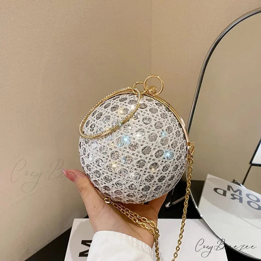 Sparkly Round Shiny Diamond Evening Clutch Bag White clutchbag-250126