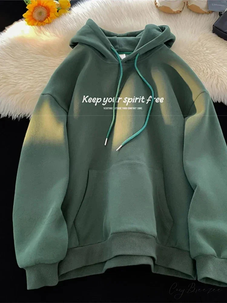 Spirit Free Letter Printed Hoodie Green / M(40-45KG) hoodies-241228