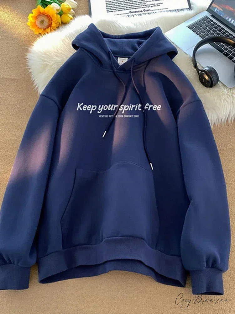 Spirit Free Letter Printed Hoodie Navy Blue / M(40-45KG) hoodies-241228