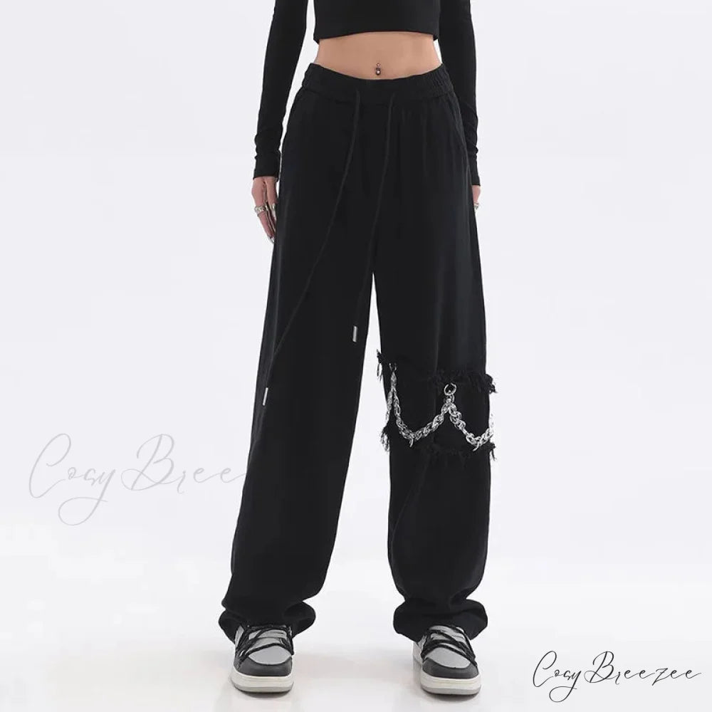 Spliced Chain Elastic Waist Pants Black / M (46-55kg) pants-241228